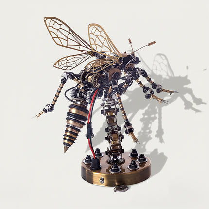 Elaborate steampunk bumblebee mech 3D puzzle metal kits on a display stand, a complex mechanical steampunk metal model with golden wings and intricate wiring.