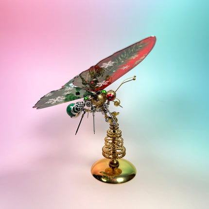 Holiday edition 3D puzzle Metal Kit featuring a mechanical butterfly and industrial stand, a challenging steampunk puzzle for adult hobbyists.