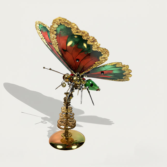 Festive 3D puzzle Metal Kit of a steampunk butterfly with gold-trimmed wings, a creative steampunk puzzle gift for holiday season.