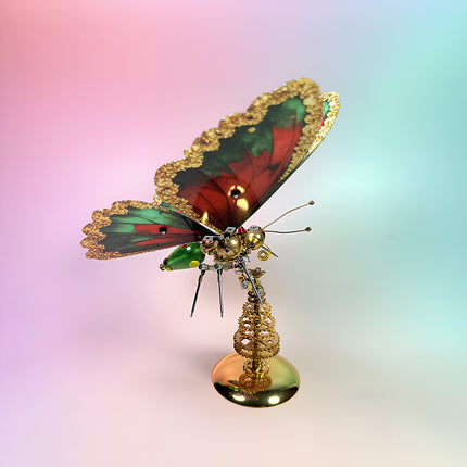 Intricate steam punk mech butterfly figurine on a Christmas tree gear base, a unique metal model for office decor.

