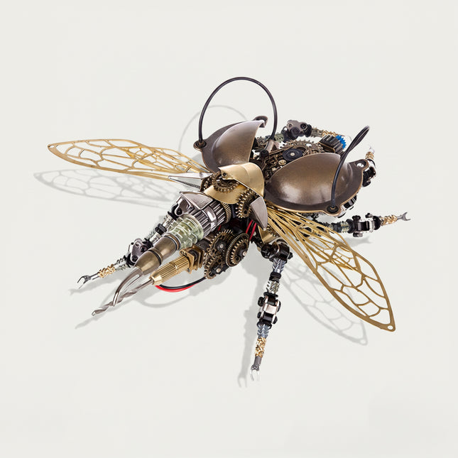 Unique steampunk cicada mech 3D puzzle assembled metal model, an impressive mechanical steampunk finished product with golden wings and intricate gears.