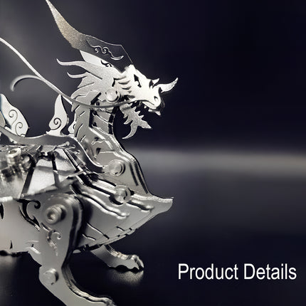 Detailed view of a metallic dragon 3D puzzle metal kit, showcasing intricate mechanical steampunk design and high-quality metal model finish.