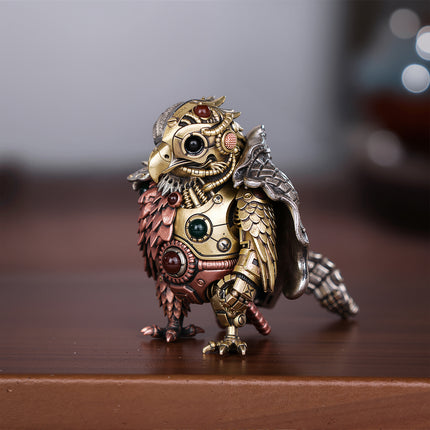 Side view of an intricate metal model eagle warrior with mechanical pipes and a silver cloak, a masterpiece of mechanical steampunk design.