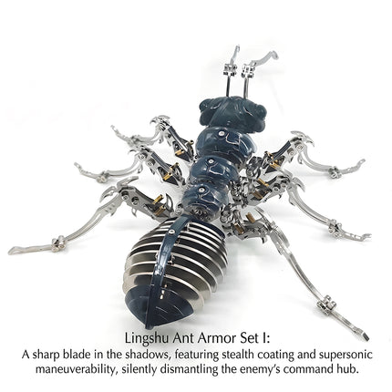 High-angle view of a futuristic steampunk mechanical ant model kit with dark metallic blue armor plating and silver jointed legs.
