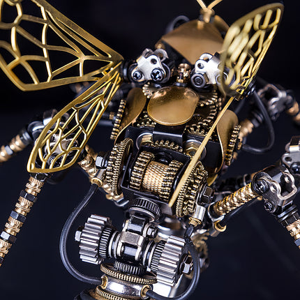 Intricate mechanical steampunk gears and joints of a steam punk mech wasp, premium metal model.