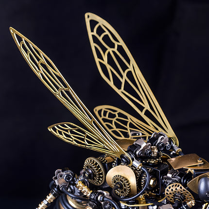 Detailed hollow metal wings and gears of a steam punk mech wasp, steampunk puzzle metal model.
