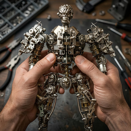 Close-up of a humanoid mechanical robot metal model, an intricate 3D puzzle for a funny table, handcrafted using Tablefunny metal kits and DIY skills.