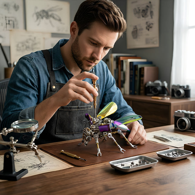 Man assembling a detailed steampunk puzzle metal model of an insect, showcasing intricate mechanical steampunk design and the joy of 3D puzzle Metal Kits.