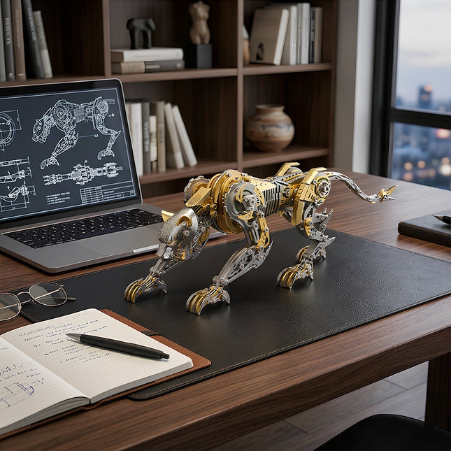 A magnificent steampunk leopard metal model, a detailed 3D puzzle, stands on a dark leather desk pad, with a laptop displaying its engineering blueprints and an open notebook, showcasing a passion for mechanical steampunk design and metal kits.
