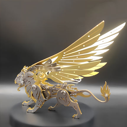 A detailed side view of the completed steampunk Loong Spirit Baihu metal puzzle, showcasing shining gold and silver wings under dramatic spotlighting.
