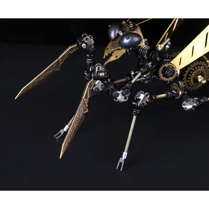 Closeup view of mechanical steampunk praying mantis with detailed blades and eyes, 3D puzzle metal kits by TableFunny.