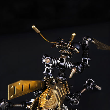 Detailed view of gears, screws, and spring joints on an intricate steam punk mech insect model.