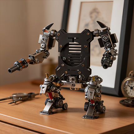 Finished Tablefunny steampunk puzzle mech model on a wooden desk with a picture frame and vintage clock, highlighting home decor for 3D puzzle Metal Kits fans.