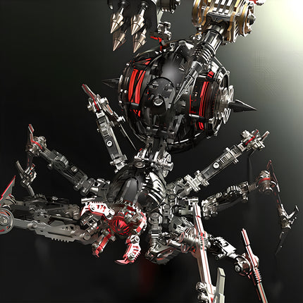 A dark steampunk mech spider with glowing red core and multi-legged mechanical joints.