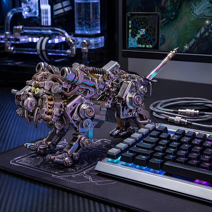Completed saber-toothed tiger metal model masterpiece, a premium steampunk puzzle for home office decor.
