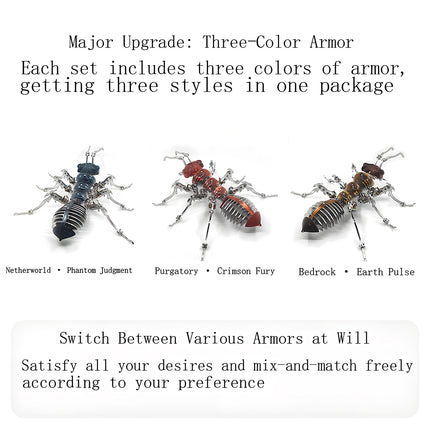 Steampunk mechanical ant model kit featuring three interchangeable colored armor shells in blue, red, and gold-brown for custom display styles.
