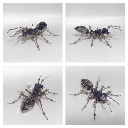 Multi-perspective collage of a fully assembled steampunk mechanical ant model featuring articulate metal legs and black armor plating.