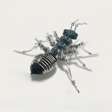 High-angle view of a steampunk mechanical ant sculpture featuring intricate metal jointed legs and segmented body.