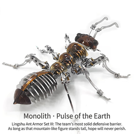 Top-down view of a steampunk mechanical ant puzzle model featuring Monolith Pulse of the Earth amber brown armor plating and metallic joints.