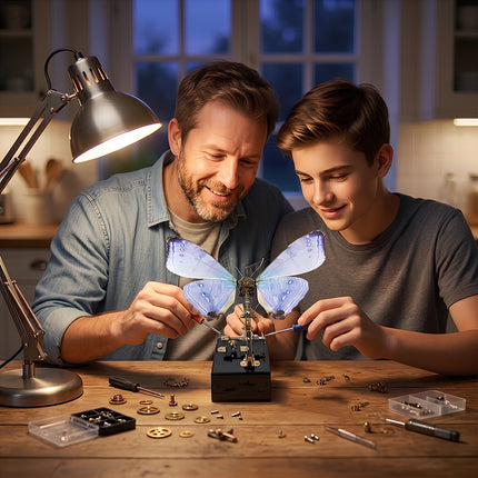 Father and teenager using screwdrivers to assemble a blue steampunk mechanical butterfly DIY building kit.