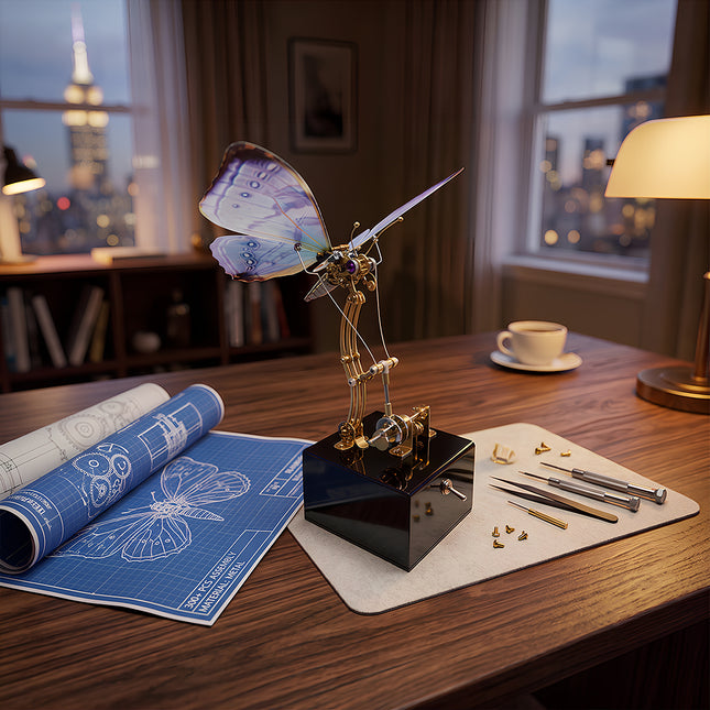 Elegant steampunk mechanical butterfly sculpture as a unique desktop gift and home office aesthetic decor.
