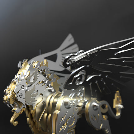 A macro close-up view of a completed steampunk mechanical griffin 3D metal model kit, highlighting the intricate silver head sculpt, brass layers, and precise screw fasteners.