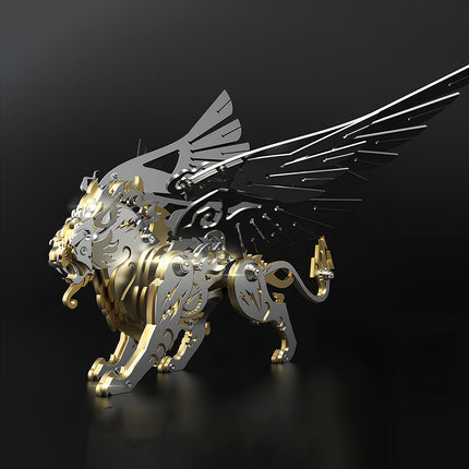 A completed steampunk mechanical griffin 3D metal model kit featuring silver and gold tier-layered wings, displayed on a clean black background.