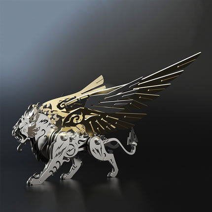 A premium side-angled view of the completed steampunk mechanical griffin 3D metal model kit, displaying its extended silver and gold wings over a dark reflective surface.
