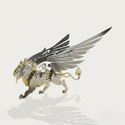 A completed steampunk mechanical griffin 3D metal model kit featuring silver and gold metallic wings, displayed on a clean white background.