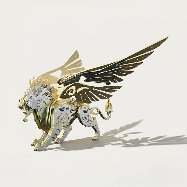 A completed steampunk mechanical white tiger 3D metal model kit with gold and silver wings, displayed on a clean white background.