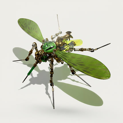 Intricate steampunk mosquito mech 3D puzzle metal kits with green wings and eyes, a delicate mechanical steampunk metal model for enthusiasts.