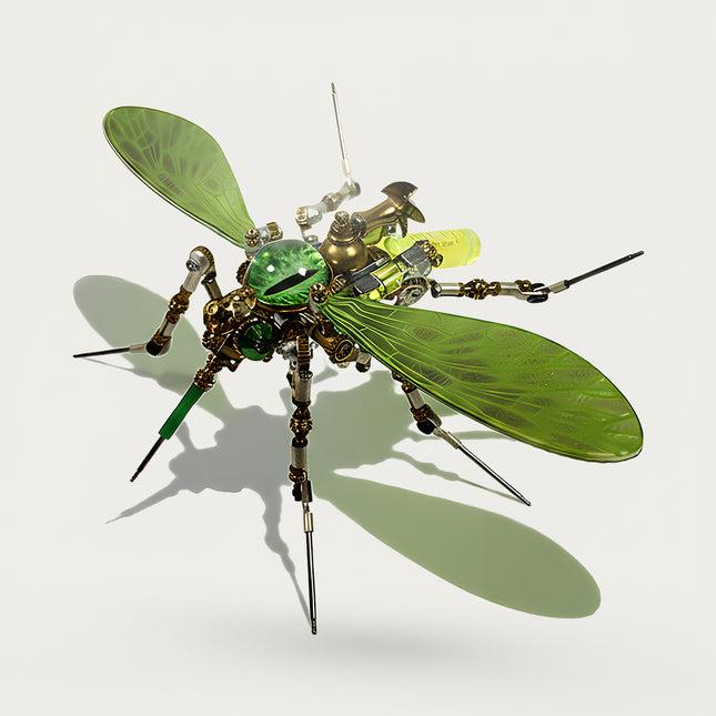 Intricate steampunk mosquito mech 3D puzzle metal kits with green wings and eyes, a delicate mechanical steampunk metal model for enthusiasts.