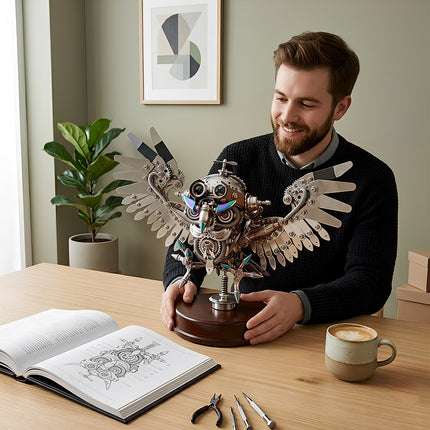  A smiling man proudly displays his completed steampunk owl metal model kit, a detailed 3D puzzle with intricate gears and wings, on a wooden table with an open instruction book and coffee.