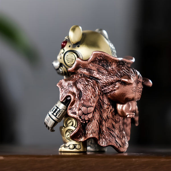 Detailed back view of the mechanical steampunk panda showing the textured copper bear-skin cloak and premium metal model finishes.