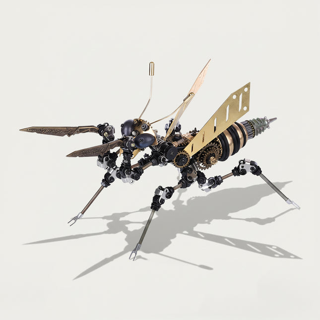Striking steampunk praying mantis mech 3D puzzle metal model, a distinctive mechanical steampunk insect with golden wings and intricate articulated limbs.