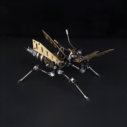 Front-right view of mechanical steampunk praying mantis model with dual blades, 3D puzzle metal kits by TableFunny.