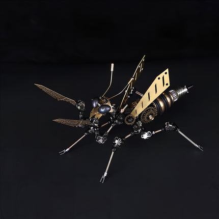 An intricate steam punk mech praying mantis sculpture showing detailed gears and metal joints.