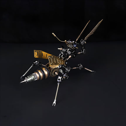Intricate steam punk mech praying mantis statue with brass wings, detailed collectible metal model.