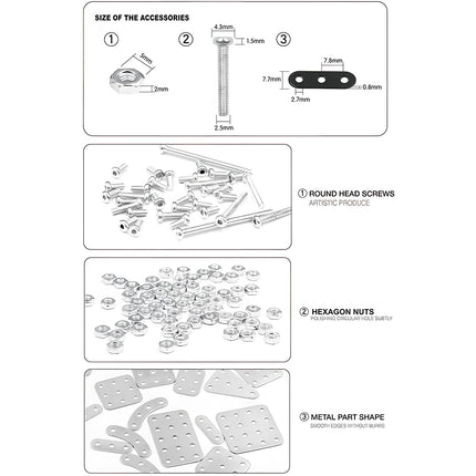Accessory size and dimension specifications for screws, nuts, and metal parts of the Tablefunny steampunk puzzle and 3D puzzle Metal Kits.