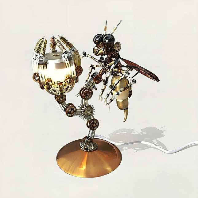 A studio product photo of a steampunk puzzle ant model standing beside an intricately designed, illuminated mechanical lamp stand. Constructed from 3D puzzle Metal Kits, this metal model showcases detailed gear frameworks, articulated jointed legs, and a brilliant mechanical steampunk and steam punk mech aesthetic.