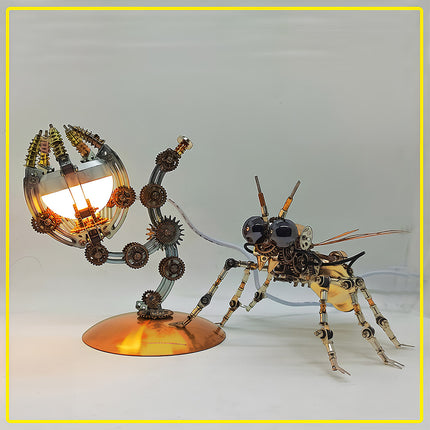 Product scene featuring a steampunk puzzle ant model interacting with a matching mechanical street lamp or glowing orb stand. Crafted from 3D puzzle Metal Kits, this creative metal model showcase highlights fine mechanical steampunk and steam punk mech details like gear assemblies, articulated legs, and expressive compound eyes.