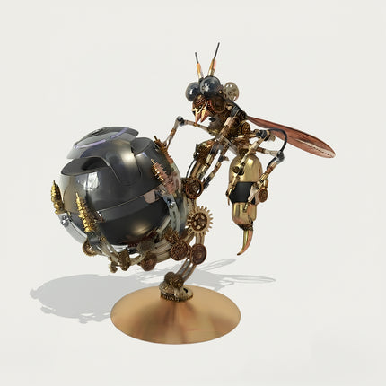 A product studio shot of a steampunk puzzle ant model paired with a sleek dark-metallic spherical sphere stand and base. Constructed from 3D puzzle Metal Kits, this metal model features intricate gear frameworks, articulated legs, and an exceptional mechanical steampunk and steam punk mech aesthetic.