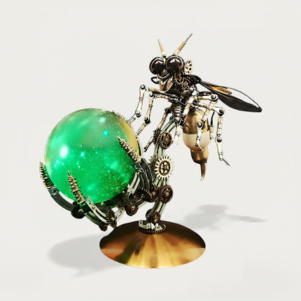A dynamic product shot of a steampunk puzzle ant model standing beside a large, brilliant glowing green galaxy-patterned orb lamp. Built from 3D puzzle Metal Kits, this imaginative metal model features intricate gear assemblies, jointed legs, and sophisticated mechanical steampunk and steam punk mech details.