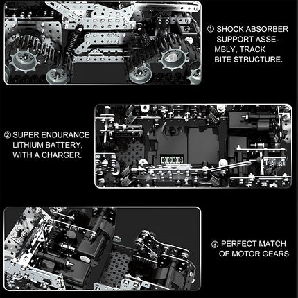 Detailed internal structure of the Tablefunny steampunk puzzle crawler bigfoot, highlighting shock absorber support, lithium battery, and motor gears for 3D puzzle Metal Kits.