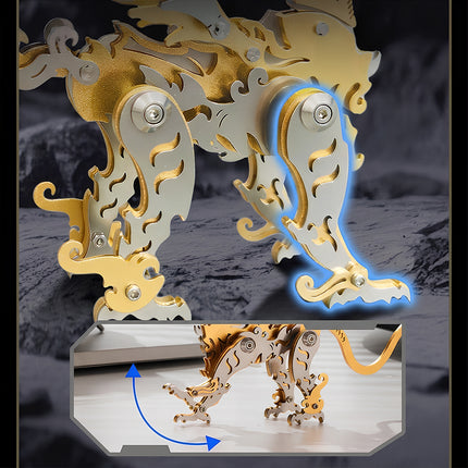 Close-up of flexible gold and silver leg joints on a steampunk puzzle beast, showing intricate metal craftsmanship and movable limbs from 3D puzzle Metal Kits.