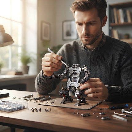 Lifestyle scene of a man assembling a Tablefunny steampunk puzzle metal model, showcasing the fun and focus of 3D puzzle Metal Kits building.
