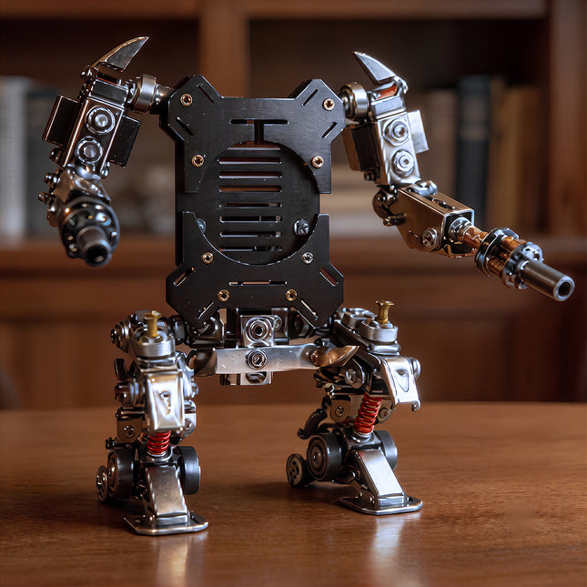 Front view of the assembled Tablefunny steampunk puzzle mech robot model, showcasing intricate metal joints and details of 3D puzzle Metal Kits.