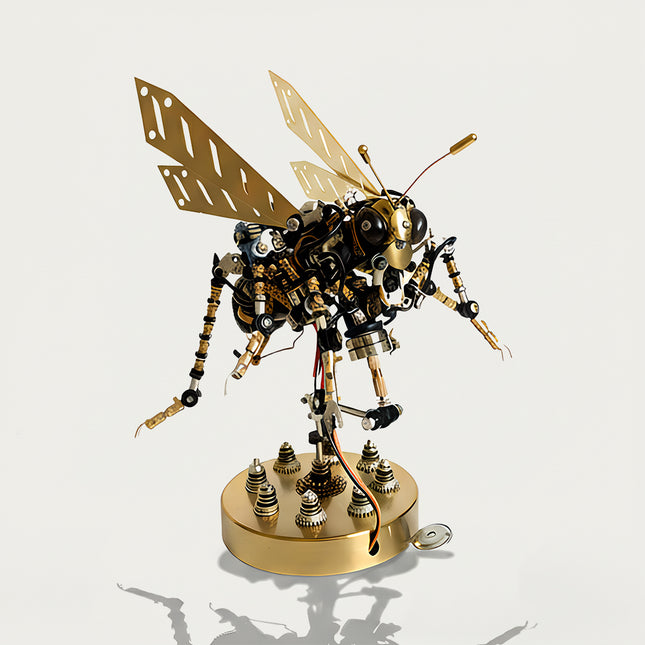 DIY 3D puzzle Metal Kits featuring a mechanical wasp with golden wings, challenging metal model for hobbyists.