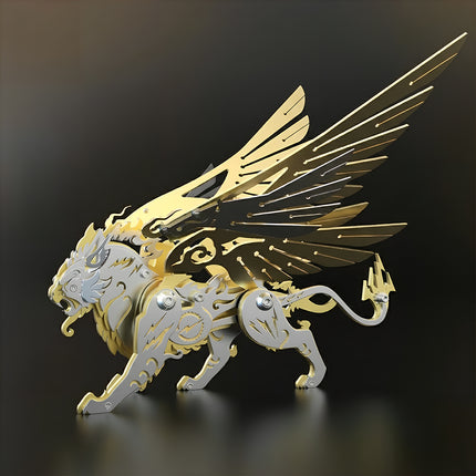A premium mechanical steampunk metal model of a winged white tiger craft, built from 3D puzzle metal kits featuring a gold and silver chassis, available at tablefunny.com.