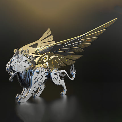 A majestic mechanical steampunk white tiger with spreading golden wings, showcased as a finished metal model from a 3D puzzle metal kit, available on tablefunny.com.